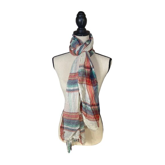 Womens Rectangle Scarf Lightweight Plaid Crinkle Multicolor Stripes Sheer Preppy - Picture 1 of 5
